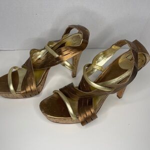 Diane Von Furstenberg Brown and Gold Heels with Metallic Straps